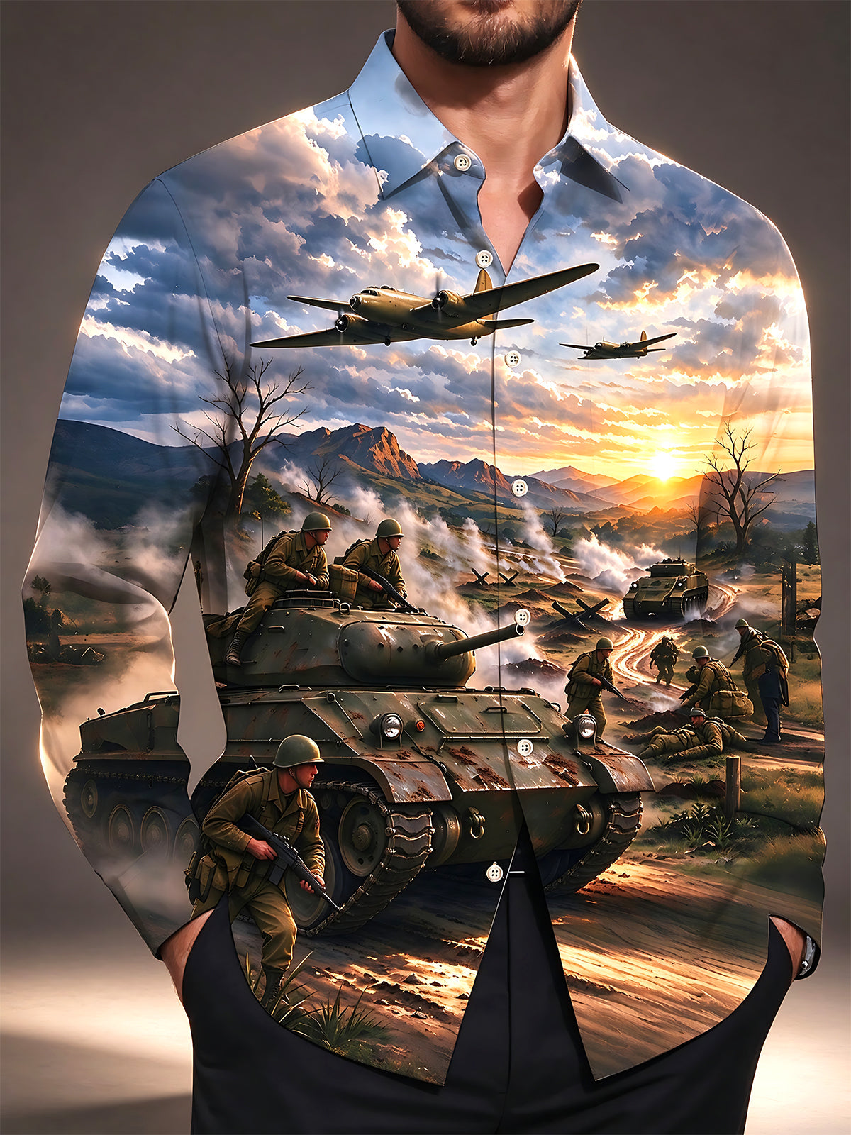 Oceanlyte Men's Long Sleeve Shirt - The "Normandy Breakout" World War II Battlefield Scene With Tanks And Soldiers Print with Chest Pocket