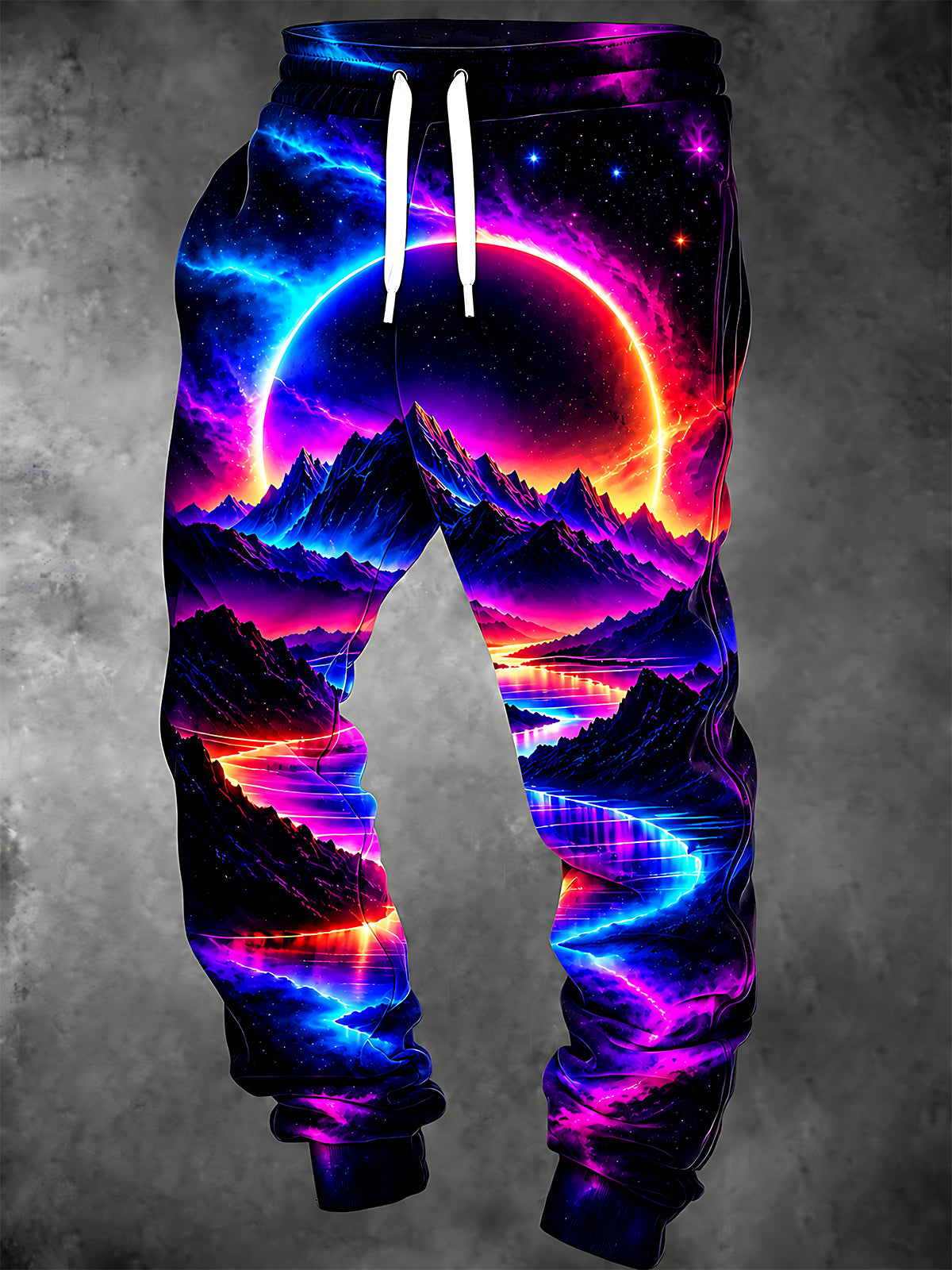 Oceanlyte Men's Retro Synthwave Mountain Landscape With Neon Sun Print Pants