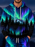 Oceanlyte Men's Long Sleeve Hoodie - Aurora Borealis And Mountain Forest Landscape Print
