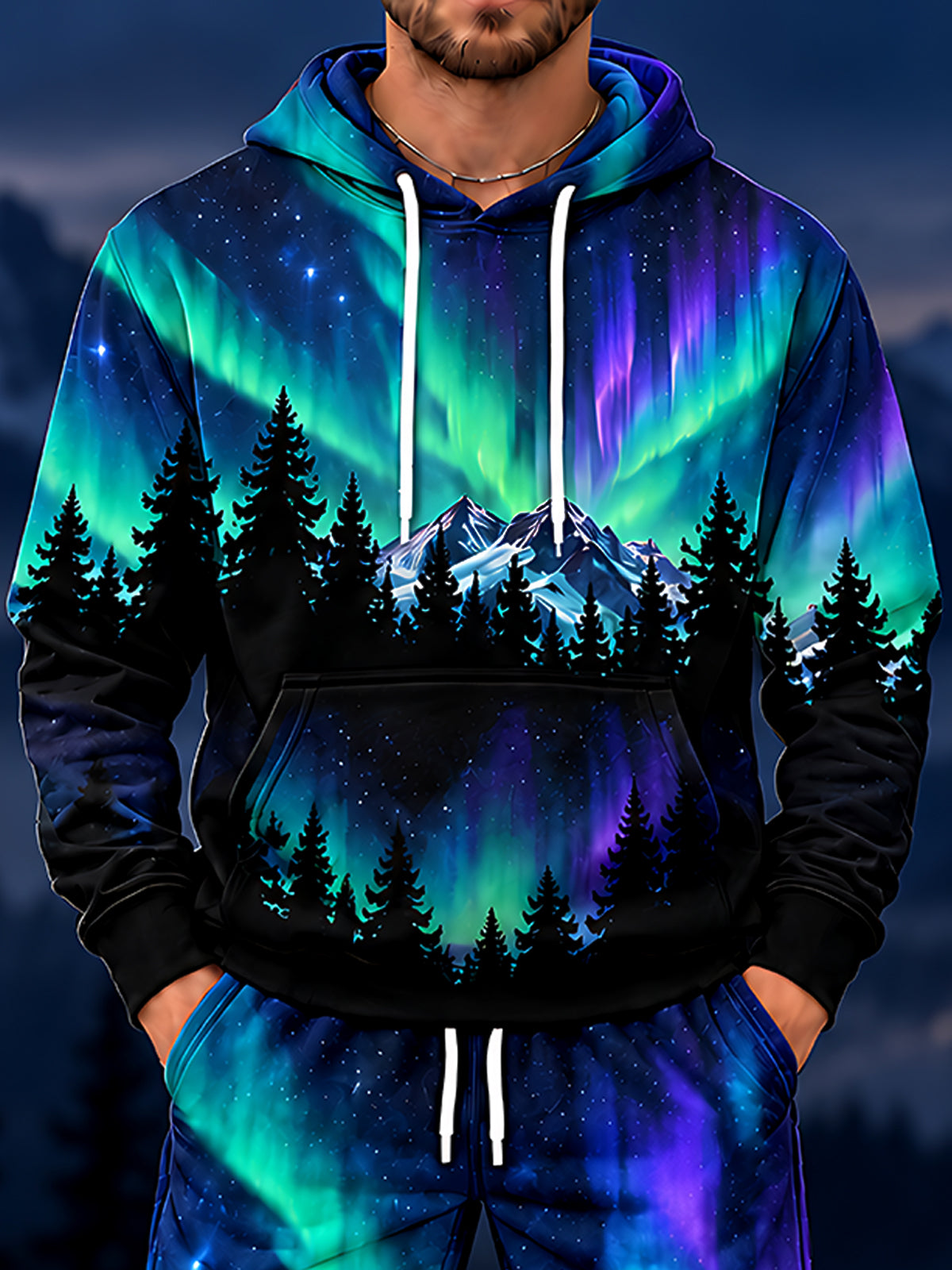 Oceanlyte Men's Long Sleeve Hoodie - Aurora Borealis And Mountain Forest Landscape Print