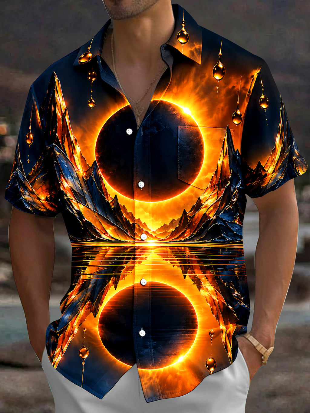 Oceanlyte Men's Eclipse Mountains And Water Reflection Print Short Sleeve Shirt with Chest Pocket