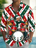 Oceanlyte Men's Graphic Santa Claus Playing Drum Set Print Long Sleeve Shirt with Chest Pocket