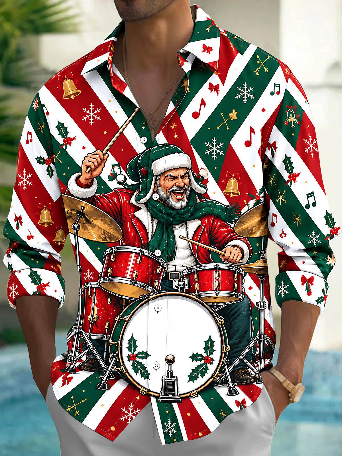 Oceanlyte Men's Graphic Santa Claus Playing Drum Set Print Long Sleeve Shirt with Chest Pocket