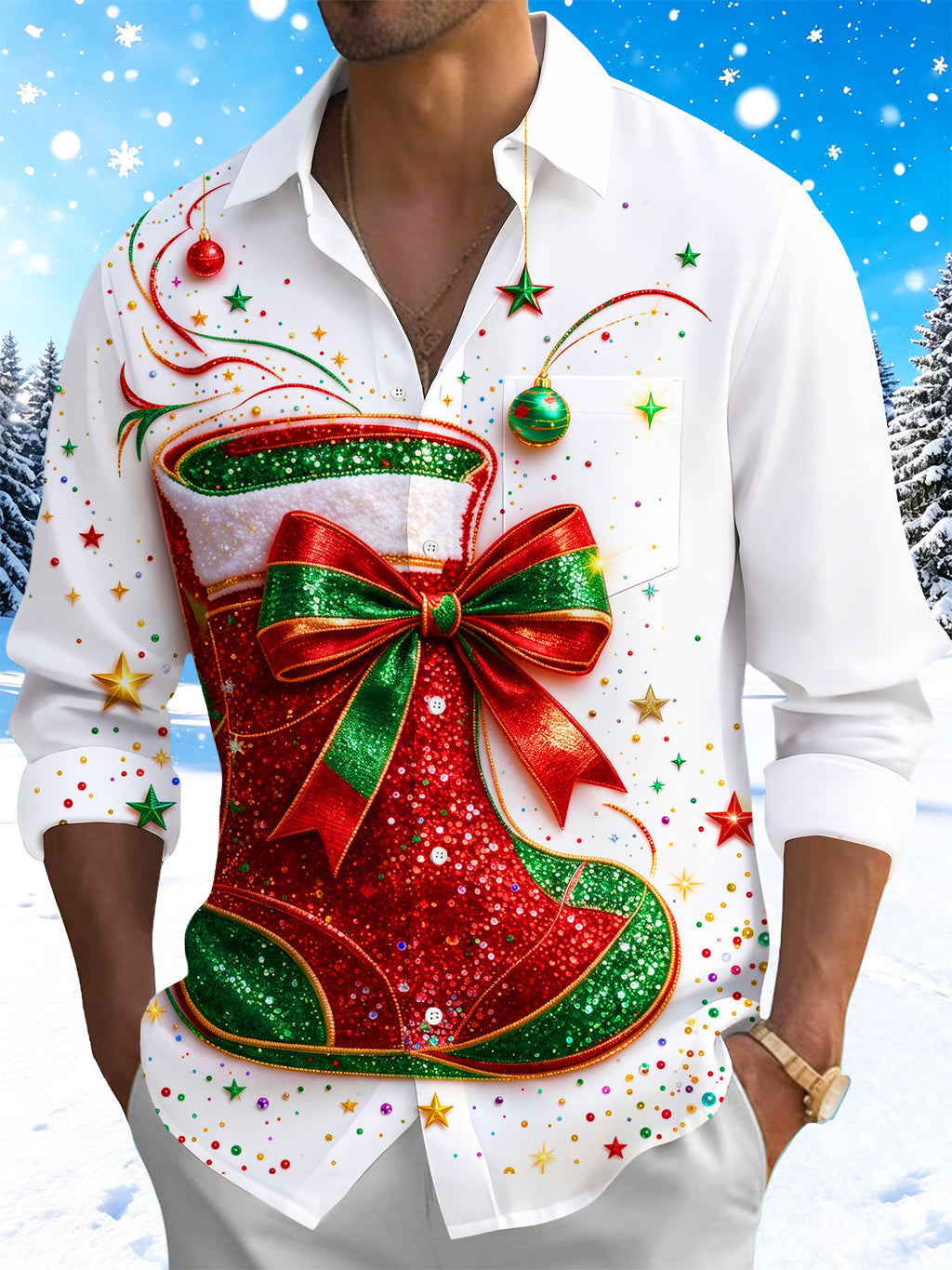 Oceanlyte Men's Long Sleeve Shirt - Christmas Stocking With Bow And Ornaments Print with Chest Pocket