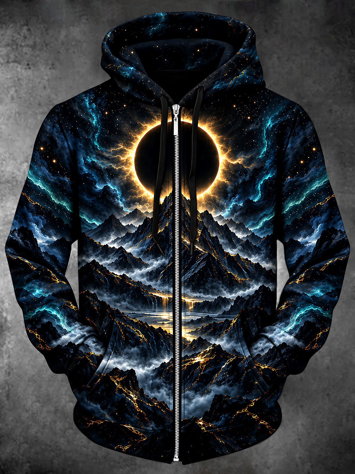 Men's Eclipse And Mountain Landscape Print Long Sleeve Zip-Up Hoodie