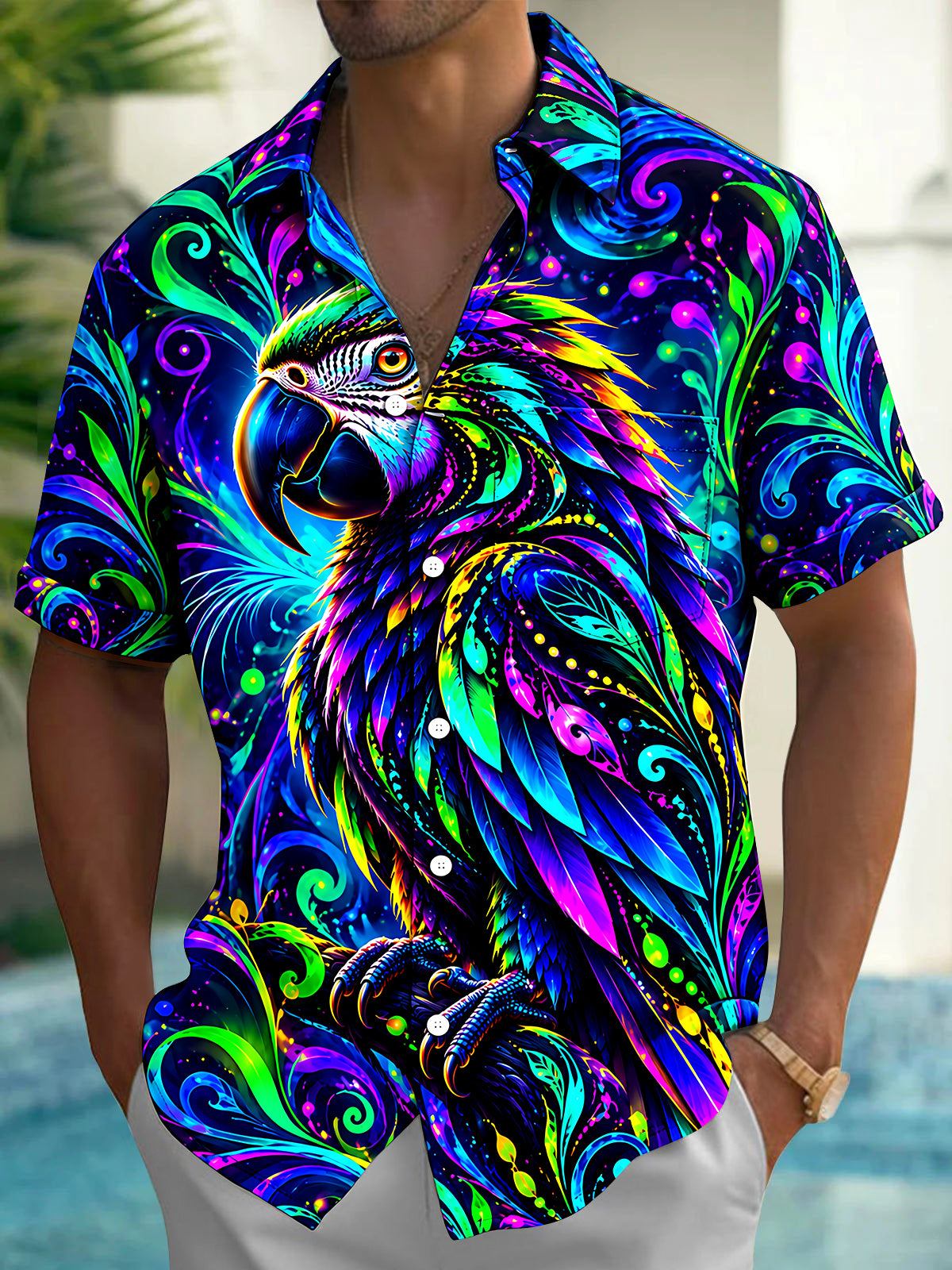 Oceanlyte Men's Neon Parrot With Swirling Patterns Print Short Sleeve Shirt with Chest Pocket