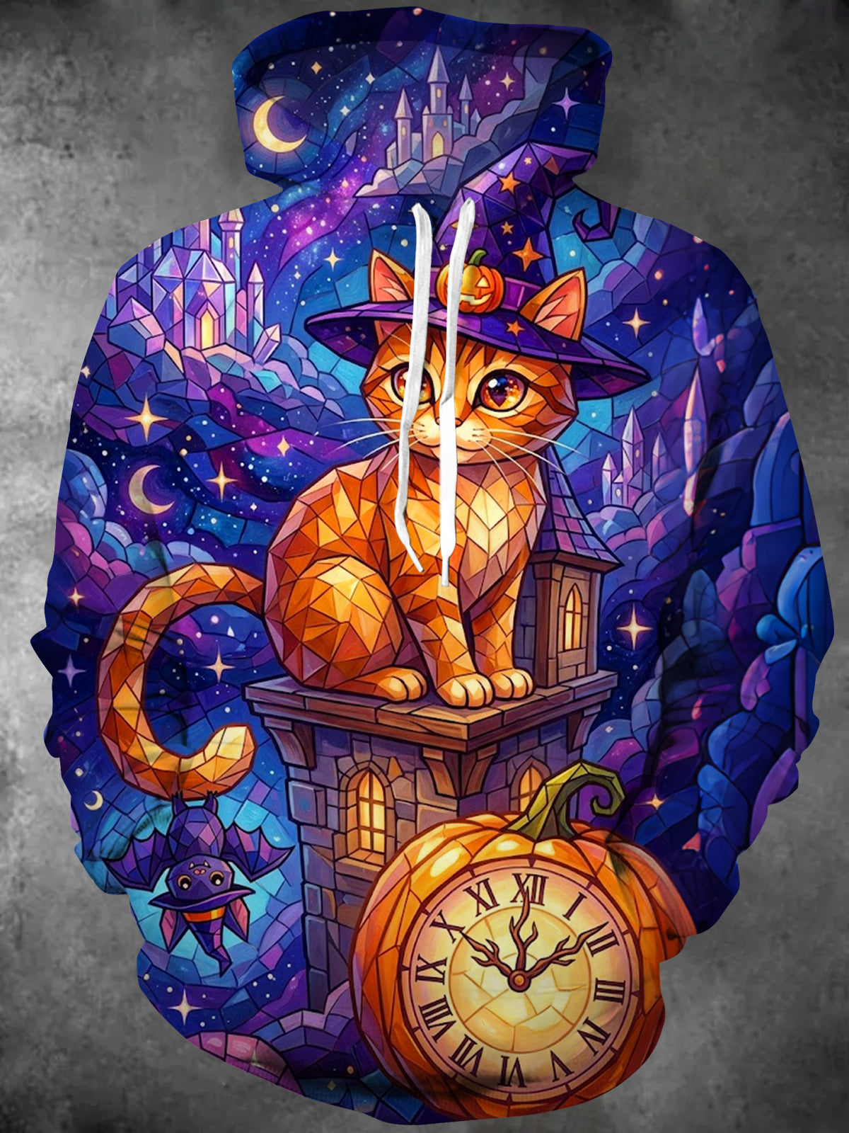 Oceanlyte Men's Long Sleeve Hoodie - Halloween Geometric Cat In Witch Hat With Pumpkin Clock Print