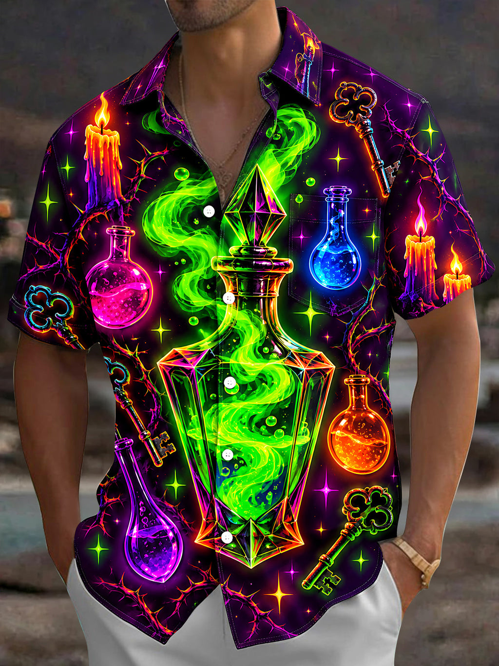Oceanlyte Men's Graphic Magic Potion Bottles And Thorns Print Short Sleeve Shirt with Chest Pocket