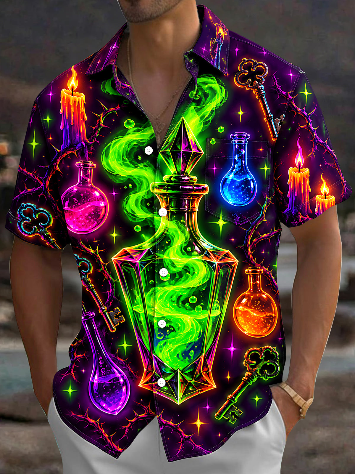 Oceanlyte Men's Graphic Magic Potion Bottles And Thorns Print Short Sleeve Shirt with Chest Pocket