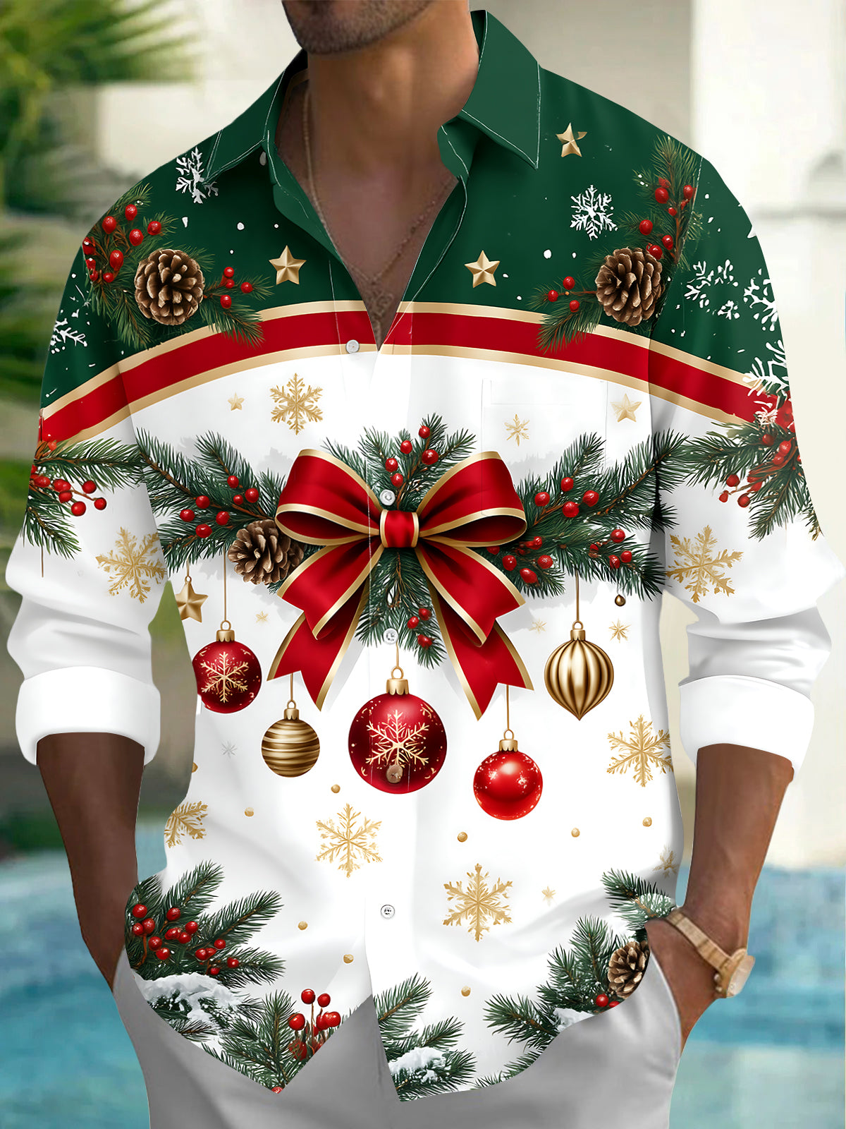 Oceanlyte Men's Long Sleeve Shirt - Christmas Bow And Ornaments With Pine Branches Print with Chest Pocket