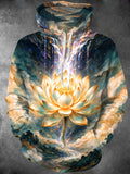 Oceanlyte Men's Long Sleeve Hoodie - Golden Lotus Flower With Waterfall And Mountain Landscape Print
