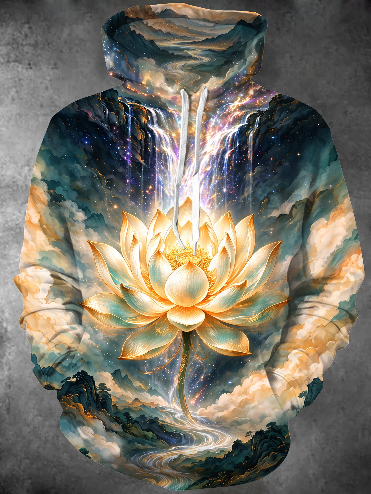 Oceanlyte Men's Long Sleeve Hoodie - Golden Lotus Flower With Waterfall And Mountain Landscape Print