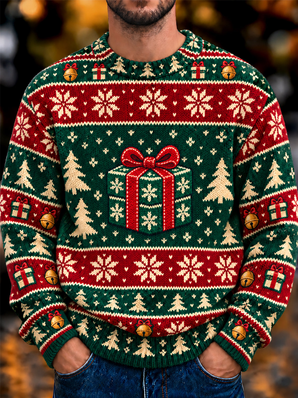 Oceanlyte Men's Long Sleeve Crew Neck Sweater - Christmas Gift Box And Snowflakes Print