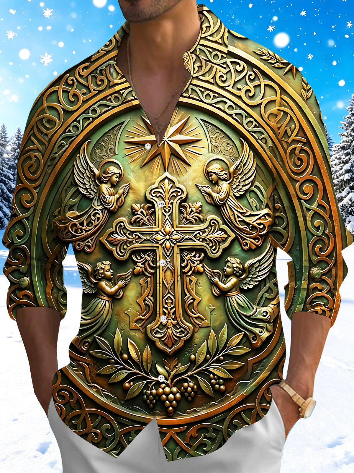 Oceanlyte Men's Vintage Style Relief Cross And Angels Print Long Sleeve Shirt with Chest Pocket