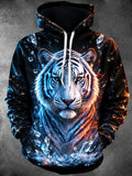 Oceanlyte Men's White Tiger With Ice And Fire Elements Print Long Sleeve Hoodie