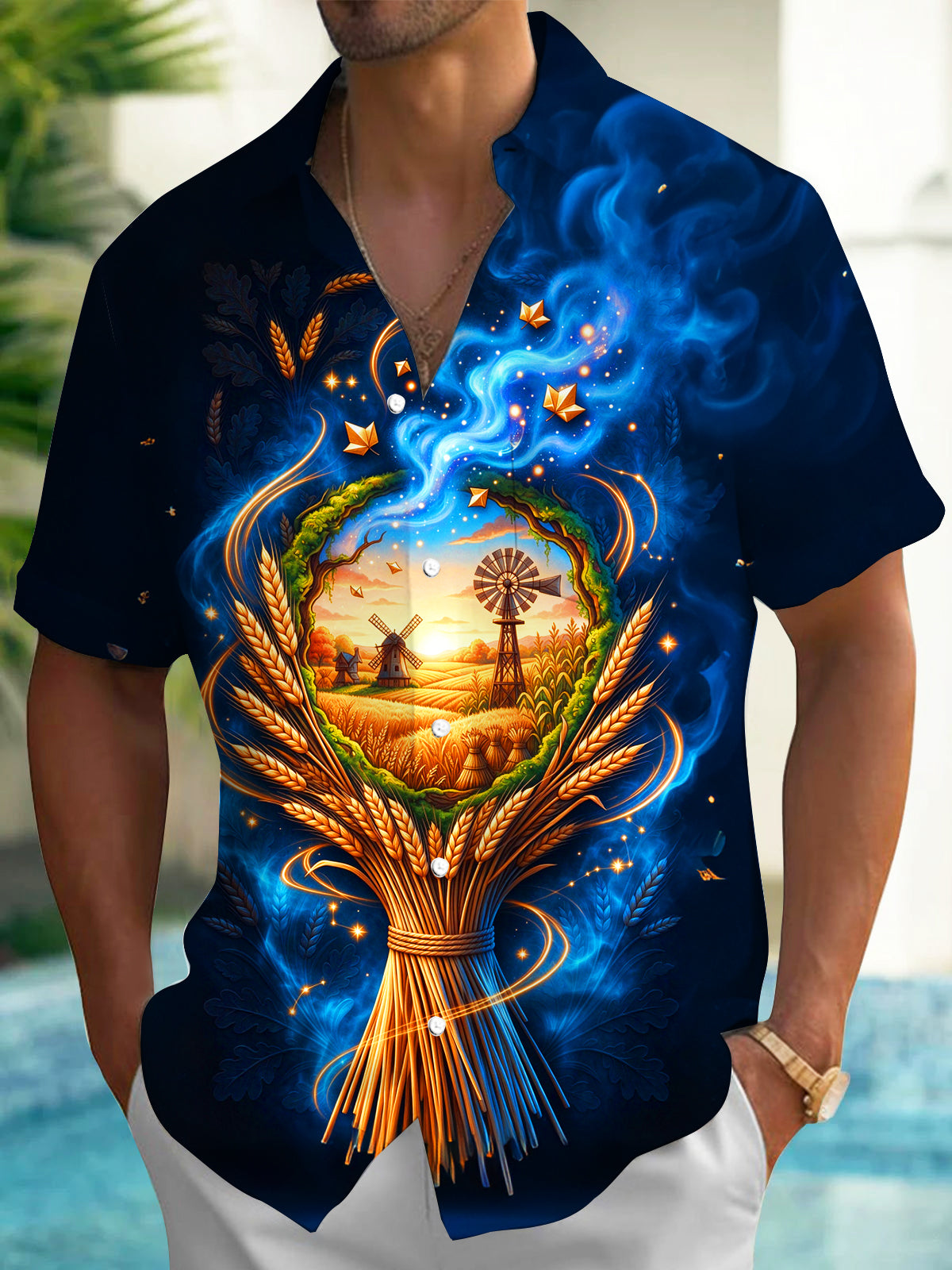Oceanlyte Men's Wheat Field And Windmill Landscape Print Short Sleeve Shirt with Chest Pocket