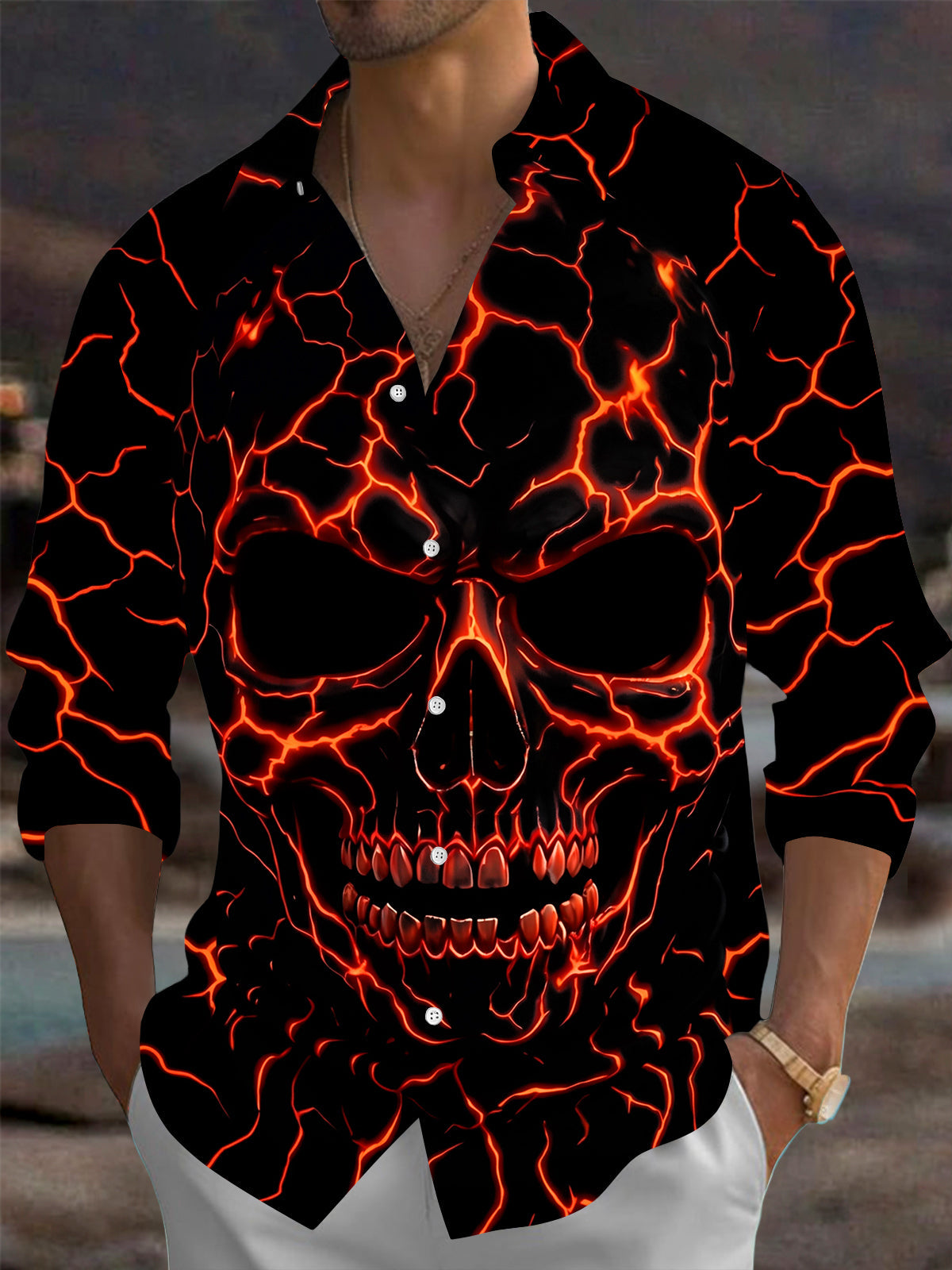 Oceanlyte Men's Graphic Lava Skull Print Long Sleeve Shirt with Chest Pocket