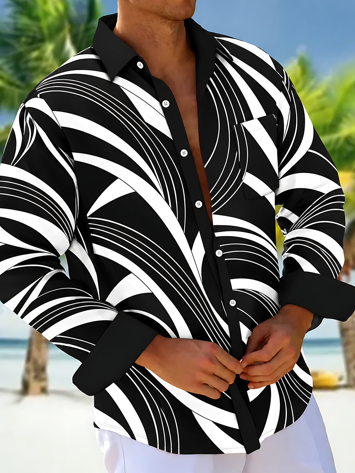 Oceanlyte Men's Abstract Geometric Curved Lines Print Long Sleeve Shirt with Chest Pocket