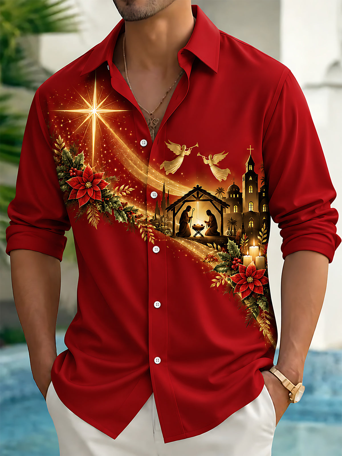Oceanlyte Men's Nativity Scene With Poinsettias And Star Print Long Sleeve Shirt with Chest Pocket