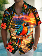 Oceanlyte Men's Hawaiian Parrot On Hammock Print Short Sleeve Shirt with Chest Pocket