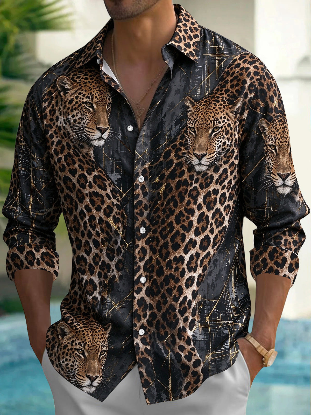 Oceanlyte Men's Printed Leopard Animal Print With Gold Accents Long Sleeve Shirt with Chest Pocket