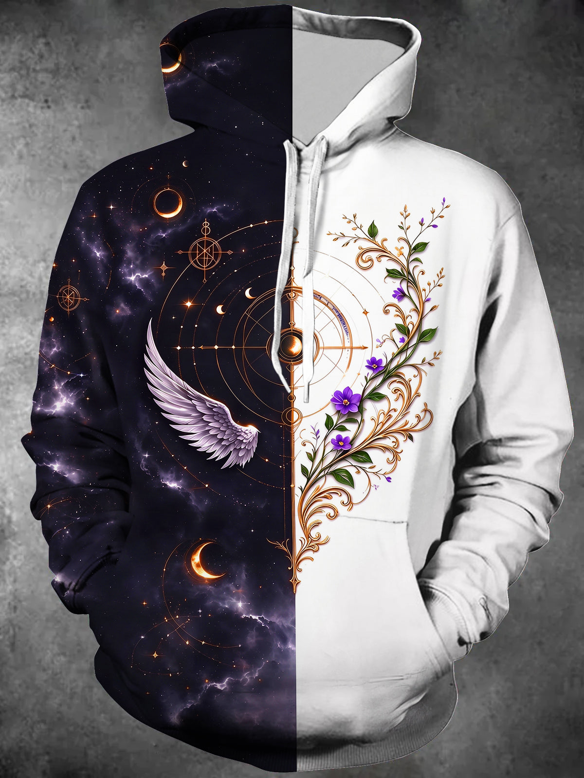 Oceanlyte Men's Long Sleeve Hoodie - Starry Night Sky With Celestial Geometry And Angel Wing Print