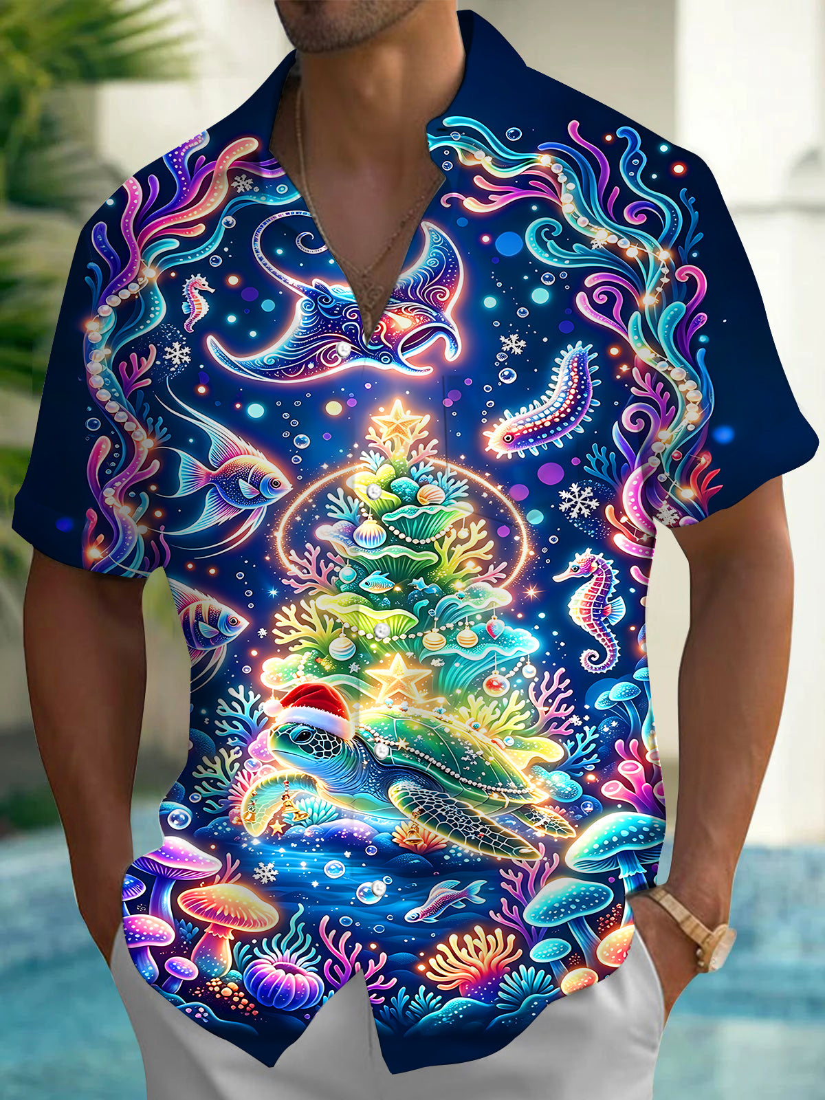 Oceanlyte Men's Hawaiian Undersea Christmas Print Short Sleeve Shirt with Chest Pocket