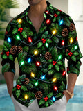 Oceanlyte Men's Long Sleeve Shirt - Christmas Light Strings With Pinecones And Holly Print with Chest Pocket