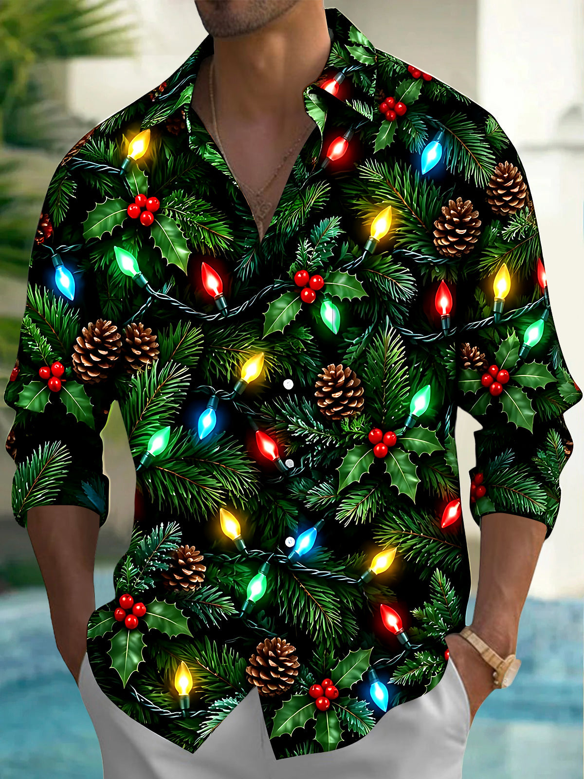 Oceanlyte Men's Long Sleeve Shirt - Christmas Light Strings With Pinecones And Holly Print with Chest Pocket