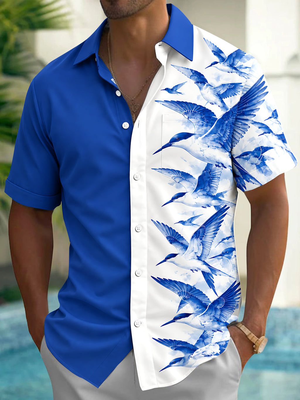 Oceanlyte Men's Hawaiian Seabirds Print Short Sleeve Shirt with Chest Pocket
