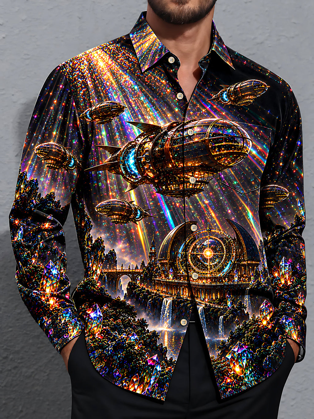 Oceanlyte Men's Steampunk Airships And Fantasy Cityscape Print Long Sleeve Shirt with Chest Pocket