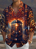 Oceanlyte Men's Graphic Steampunk Train And Gears Print Long Sleeve Shirt with Chest Pocket