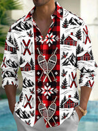 Oceanlyte Men's Long Sleeve Shirt - Winter Skiing Scenes With Snowy Mountains And Cabins Print with Chest Pocket