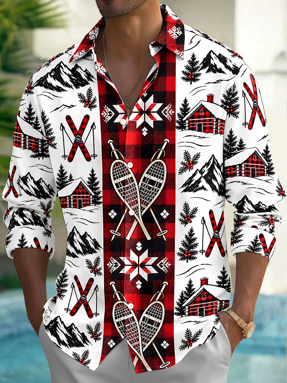 Oceanlyte Men's Long Sleeve Shirt - Winter Skiing Scenes With Snowy Mountains And Cabins Print with Chest Pocket