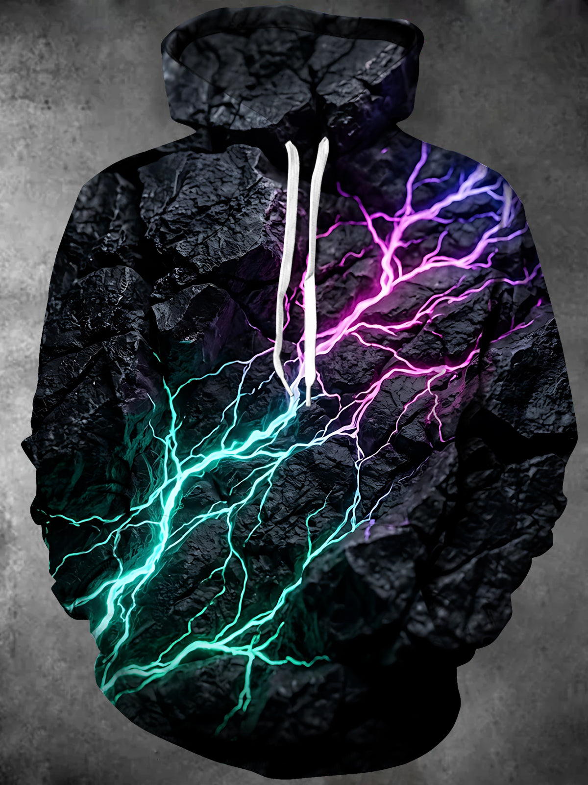 Oceanlyte Men's Abstract Neon Lightning On Rock Texture Print Long Sleeve Hoodie