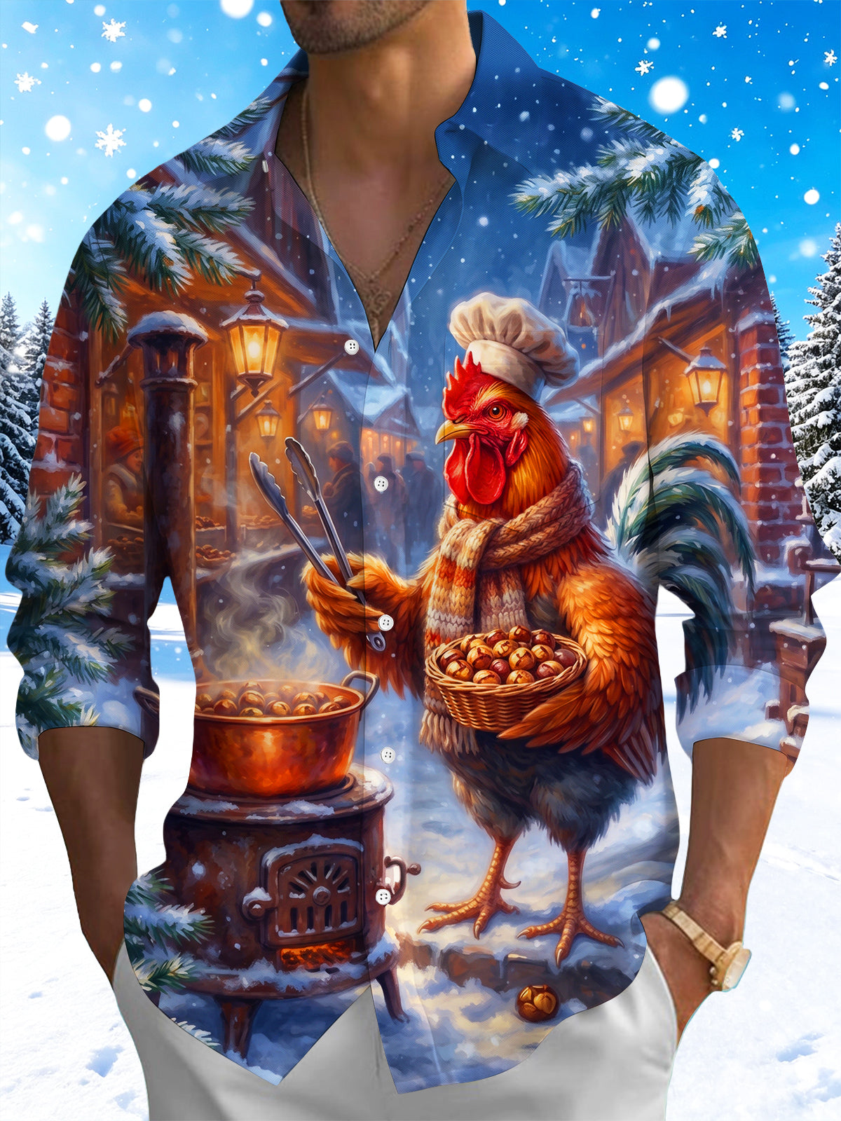 Oceanlyte Men's Graphic Rooster Chef Cooking Chestnuts Print Long Sleeve Shirt with Chest Pocket