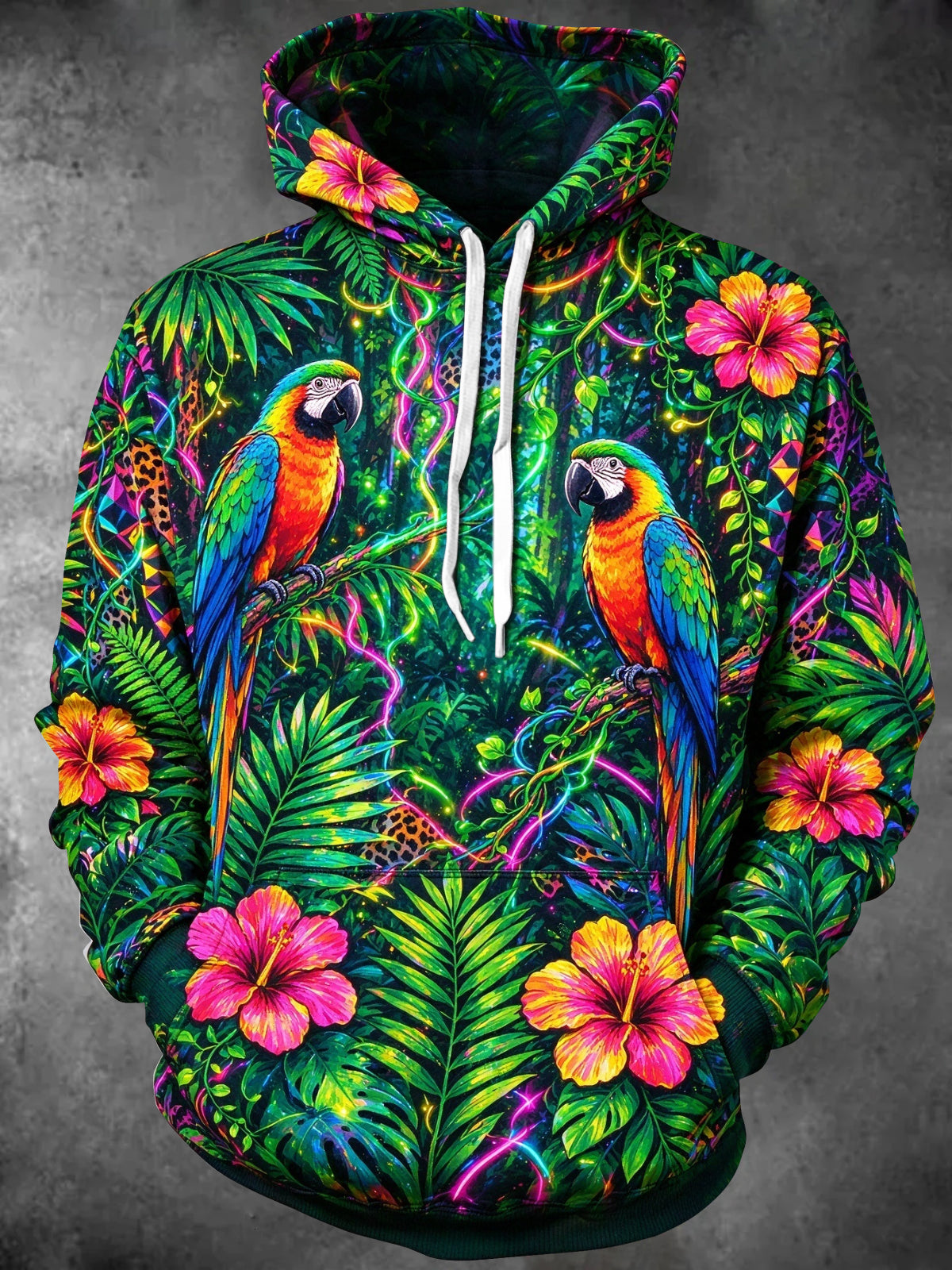 Oceanlyte Men's Tropical Parrots And Hibiscus Flowers Print Long Sleeve Hoodie