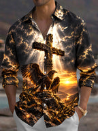 Oceanlyte Men's Graphic Wooden Cross And Eagle Print Long Sleeve Shirt with Chest Pocket