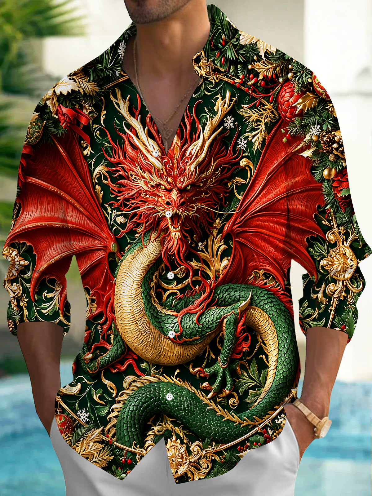 Oceanlyte Men's Oriental Dragon And Christmas Ornaments Print Long Sleeve Shirt with Chest Pocket
