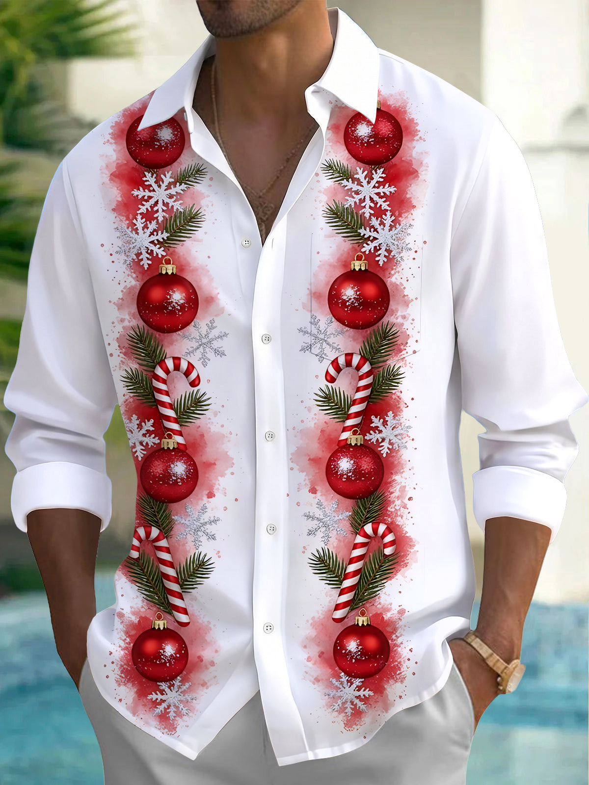 Oceanlyte Men's Christmas Ornaments And Candy Canes Print Long Sleeve Shirt with Chest Pocket