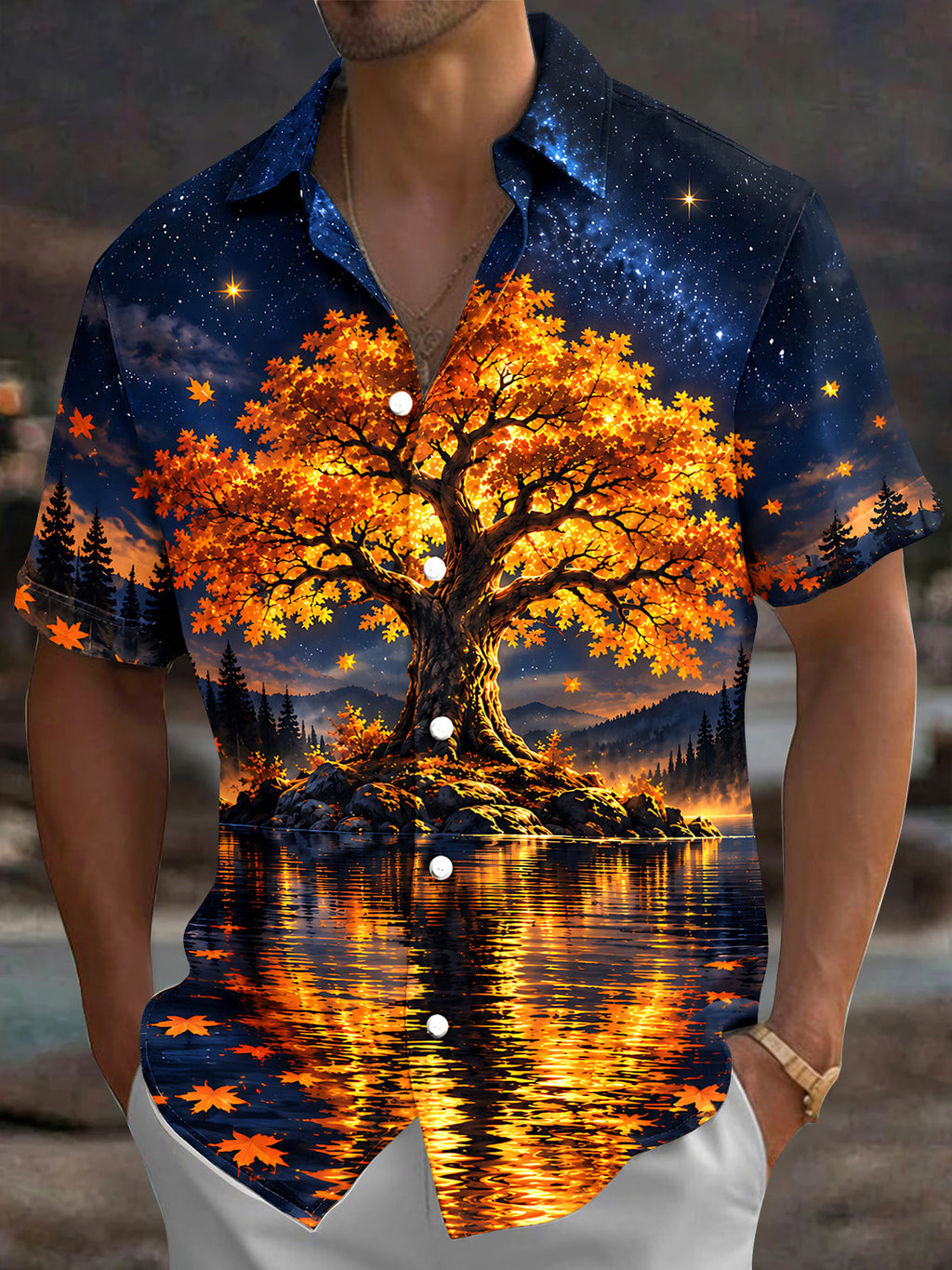 Oceanlyte Men's Autumn Tree And Starry Night Landscape Print Short Sleeve Shirt with Chest Pocket