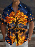 Oceanlyte Men's Autumn Tree And Starry Night Landscape Print Short Sleeve Shirt with Chest Pocket