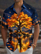 Oceanlyte Men's Autumn Tree And Starry Night Landscape Print Short Sleeve Shirt with Chest Pocket