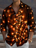 Oceanlyte Men's Saxophone And Christmas Light String Print Long Sleeve Shirt with Chest Pocket
