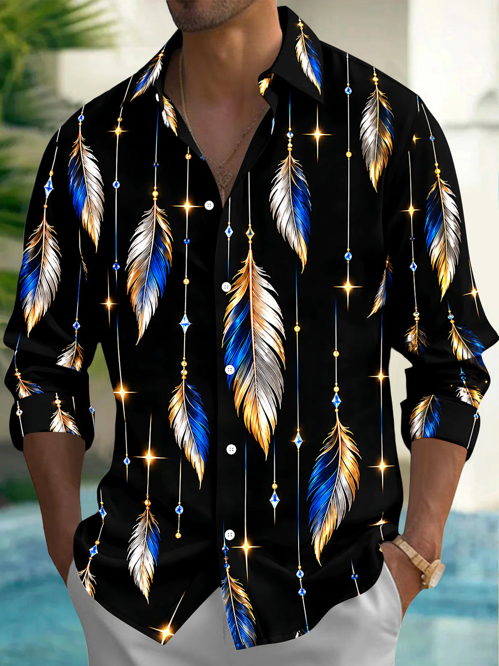 Oceanlyte Men's Printed Feathers And Hanging Crystals Print Long Sleeve Shirt with Chest Pocket