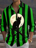 Oceanlyte Men's Long Sleeve Shirt - Halloween Black Cat On Tree Branch With Full Moon Print with Chest Pocket