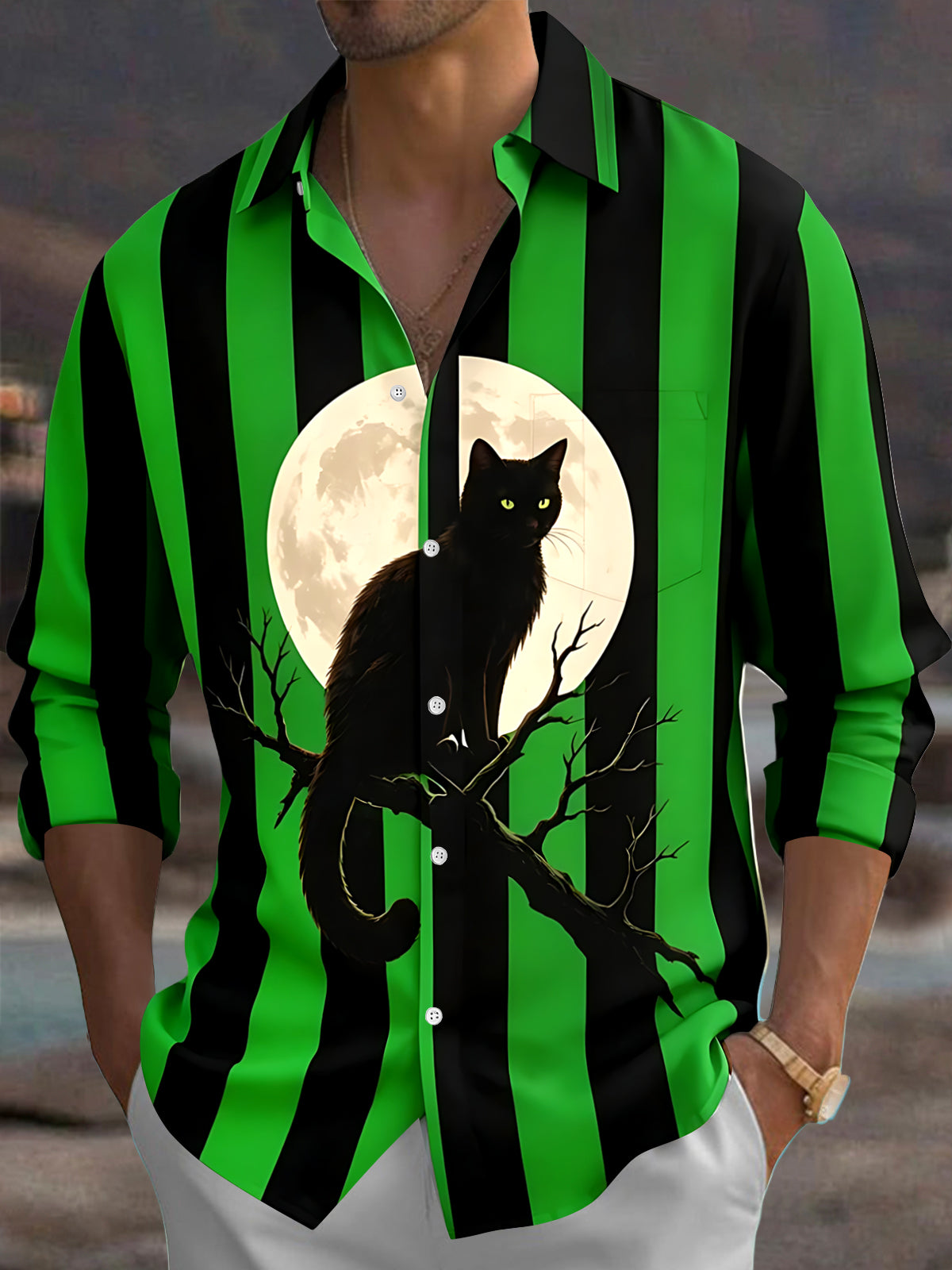 Oceanlyte Men's Long Sleeve Shirt - Halloween Black Cat On Tree Branch With Full Moon Print with Chest Pocket