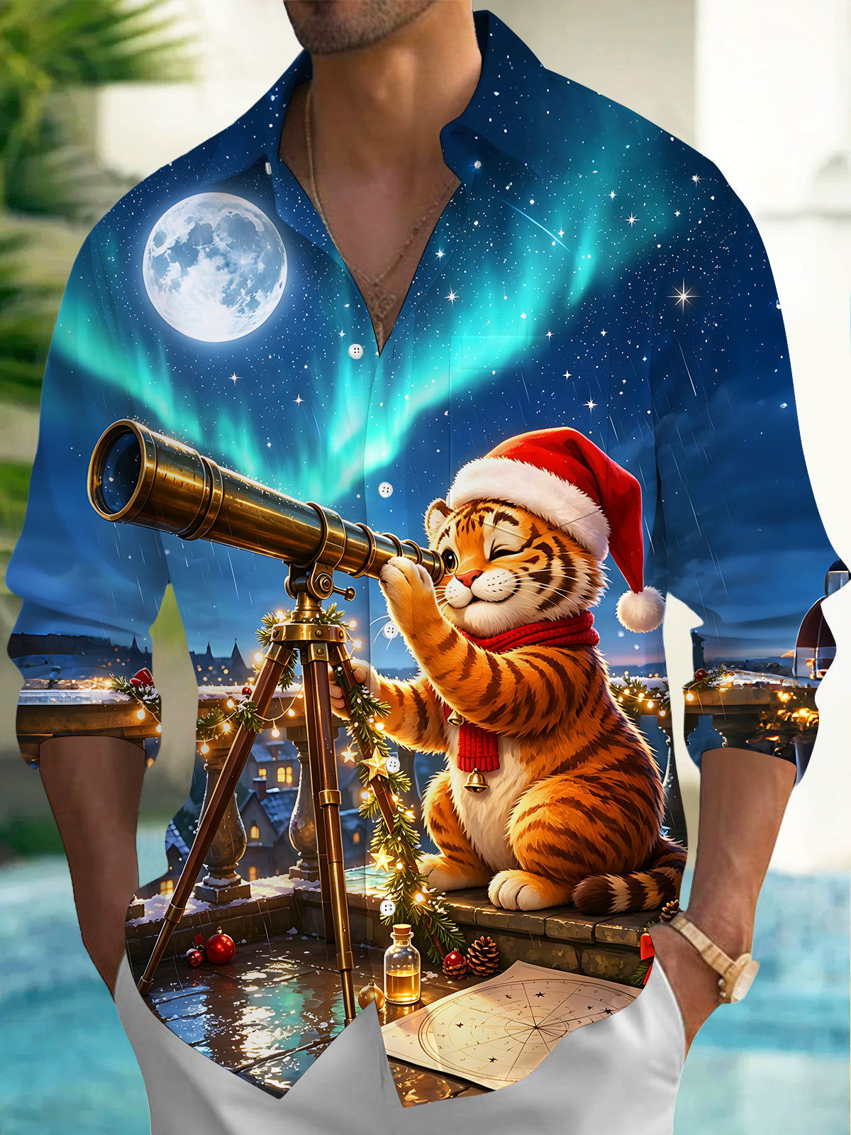Oceanlyte Men's Graphic Christmas Tiger Print Stargazing Print Long Sleeve Shirt with Chest Pocket