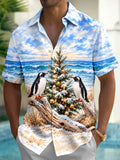 Oceanlyte Men's Hawaiian Penguins And Christmas Tree Print Short Sleeve Shirt with Chest Pocket