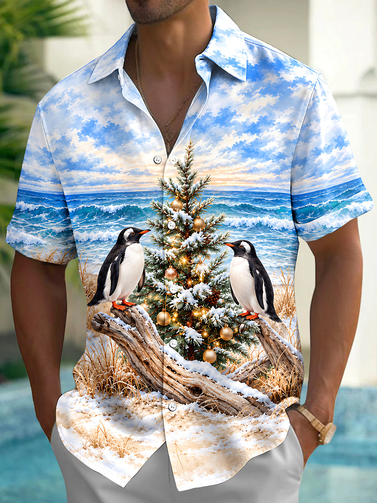 Oceanlyte Men's Hawaiian Penguins And Christmas Tree Print Short Sleeve Shirt with Chest Pocket